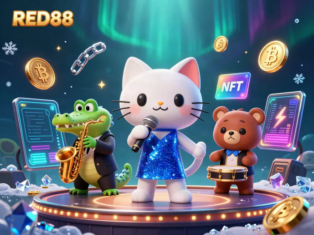 Experience the vibrant entertainment of RED88 with a lively jazz scene depicting a singing cat, playing crocodile, and drumming bear.