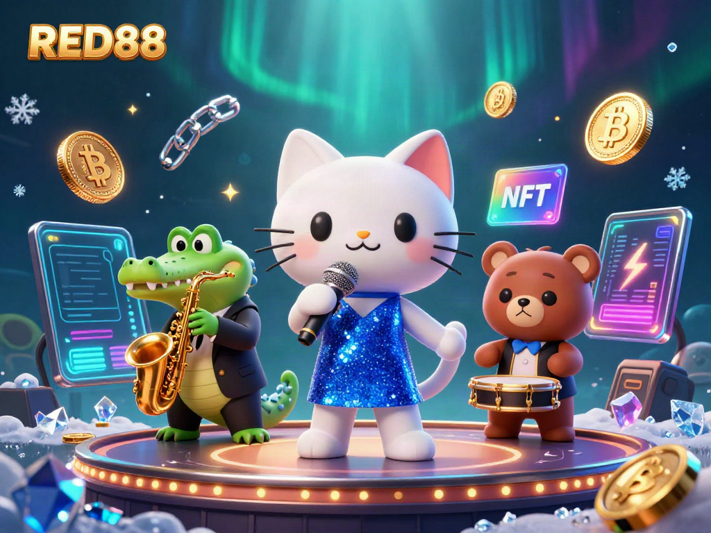 Experience the vibrant entertainment of RED88 with a lively jazz scene depicting a singing cat, playing crocodile, and drumming bear.