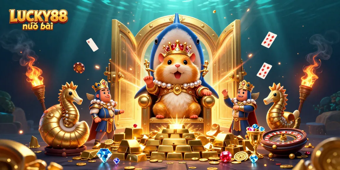 Experience thrilling gaming at LUCKY88 nhà cái with a vibrant 3D cartoon scene of a golden hamster king surrounded by fortune and games.