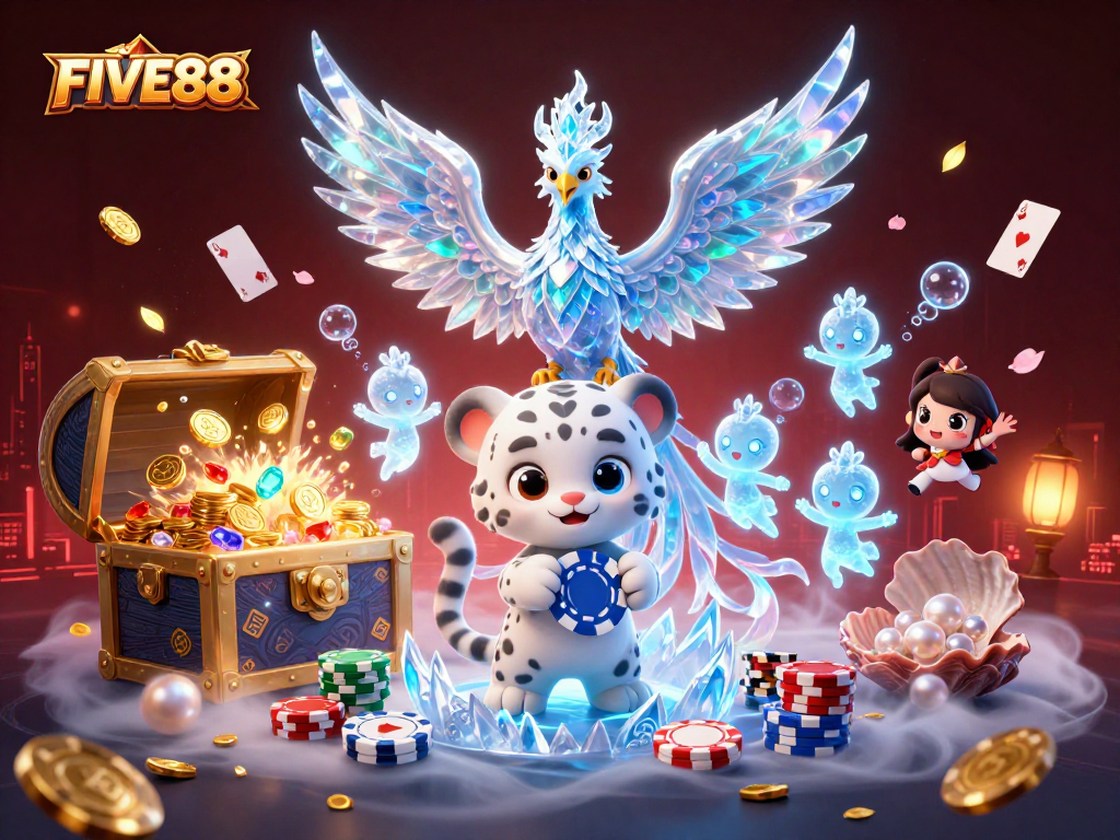 Engage with FIVE88 as the ice phoenix and snow leopard play amidst exciting gambling elements and treasures.