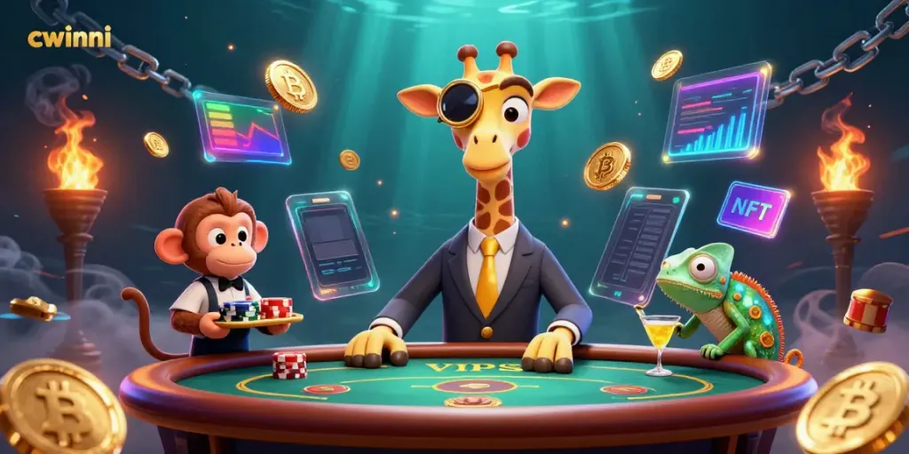 Join the vibrant action at cwinni with a high-roller giraffe in a 3D casino scene mixing crypto and excitement.