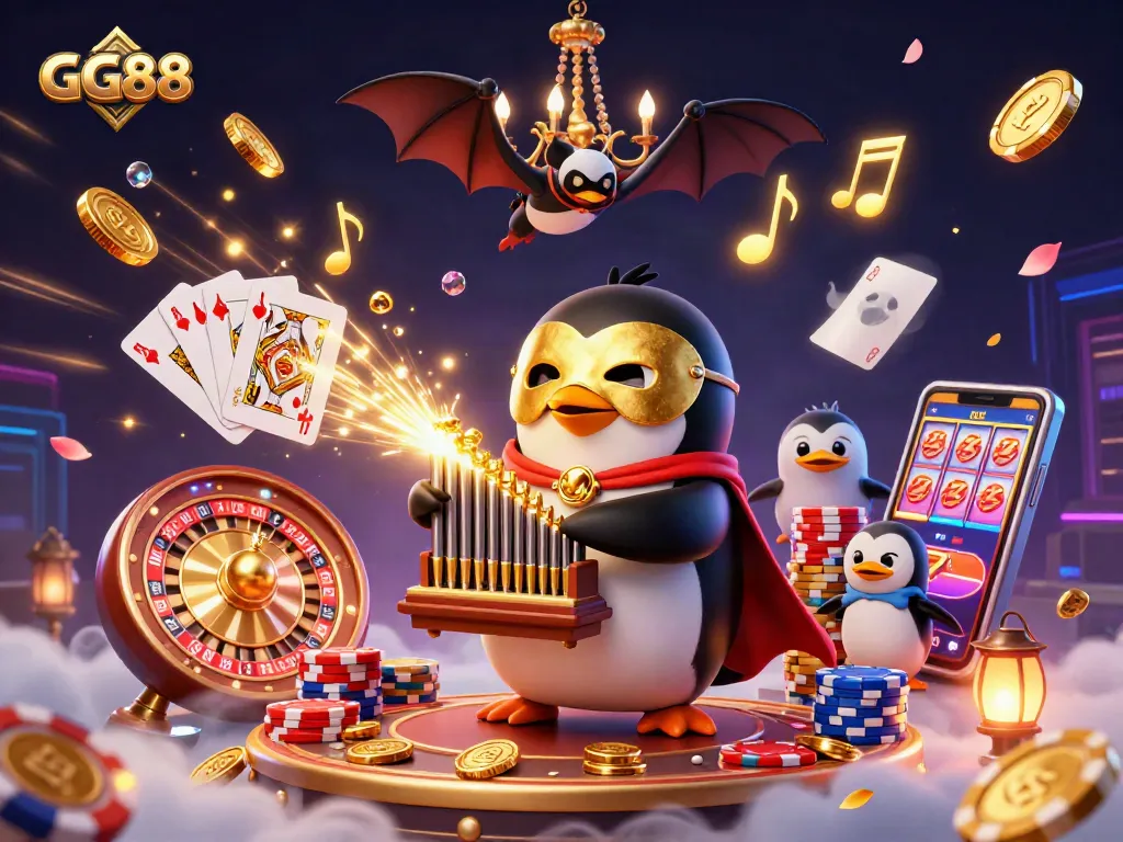 GG88 captures excitement with vibrant carousel of casino elements, featuring animated figures and golden coins.