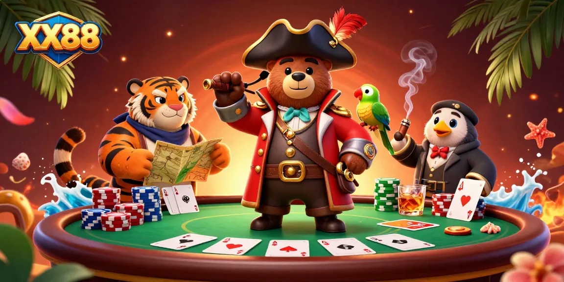 Experience the excitement of XX88 with a pirate bear at a thrilling poker table.