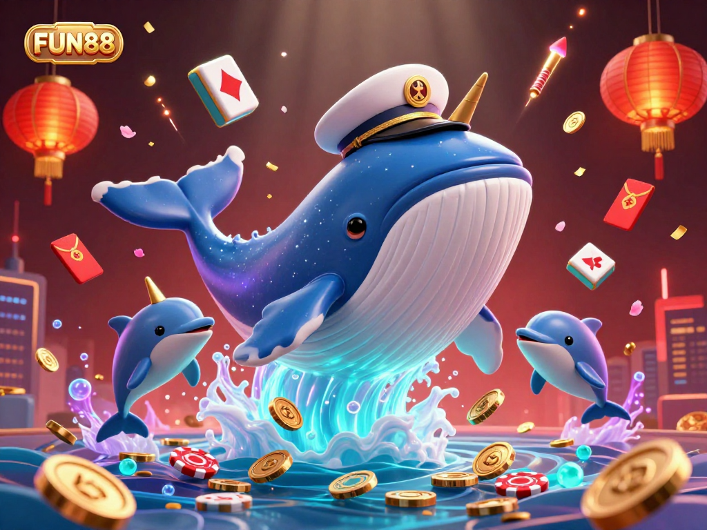 Experience the thrill of FUN88 with a vibrant underwater scene featuring a captain whale amidst treasure and playful dolphins.