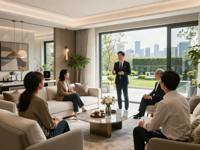 Bester Immobilienmakler Frankfurt präsentiert eine moderne Immobilie mit potenziellen Käufern bei einer professionellen Besichtigung.