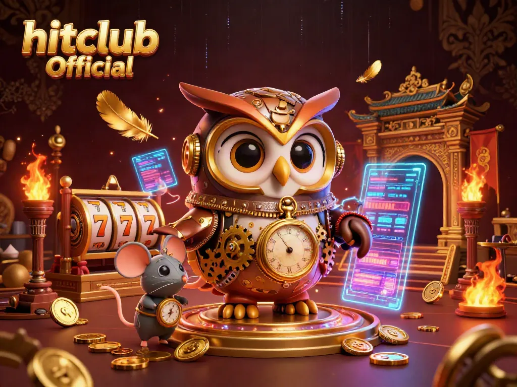 Experience the excitement of hitclub Official with a vibrant casino scene featuring a time-traveling owl and rich gambling elements.