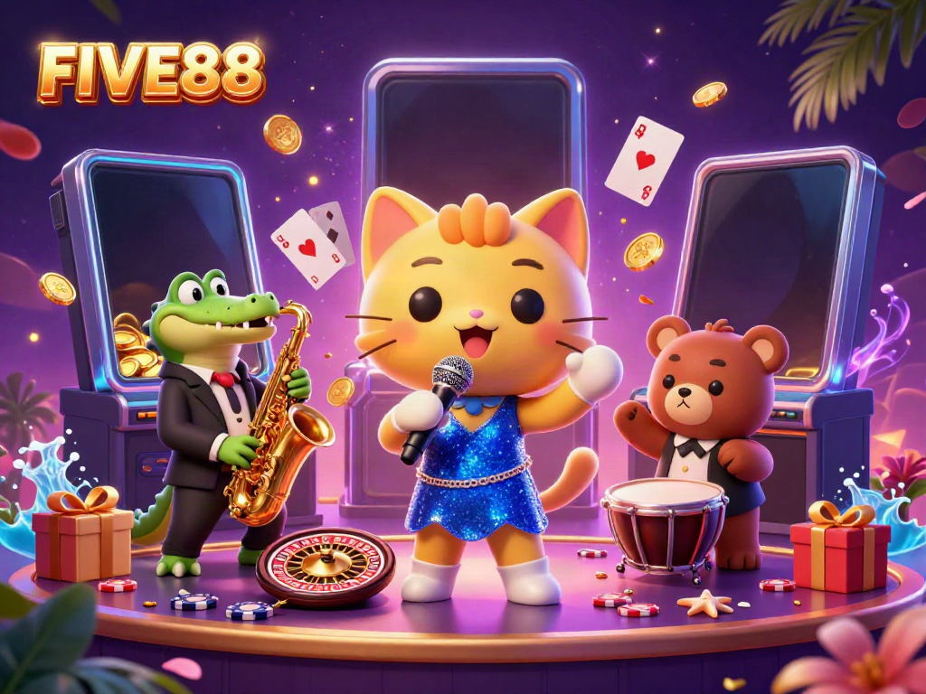 Experience the excitement of FIVE88 casino with a lively band of characters performing on stage.