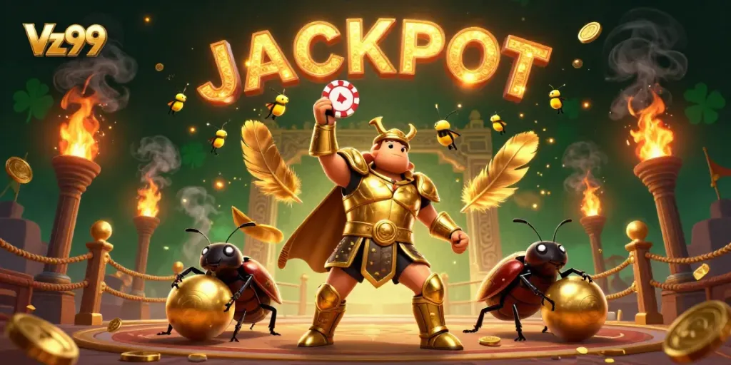 Experience the thrilling world of Vz99 with a victorious beetle champion in a dynamic gambling scene.
