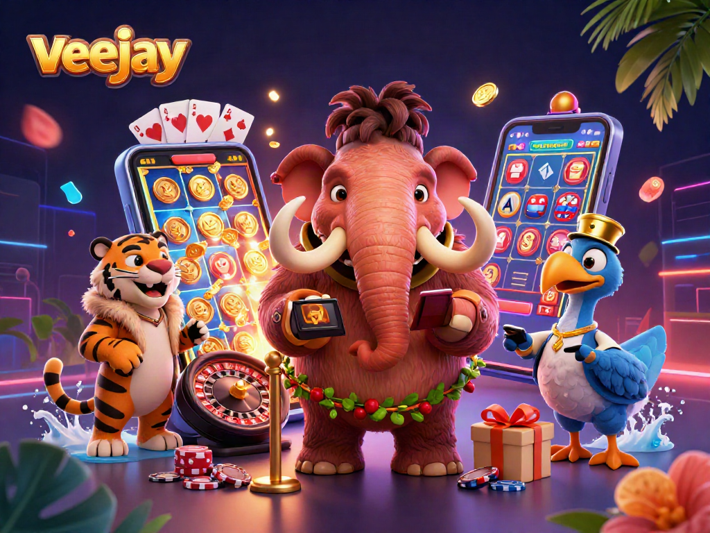 Veejay präsentiert den aufregenden Casino-Eingang mit einem Mammut und VIP-Gästen in einer lebhaften Szene.