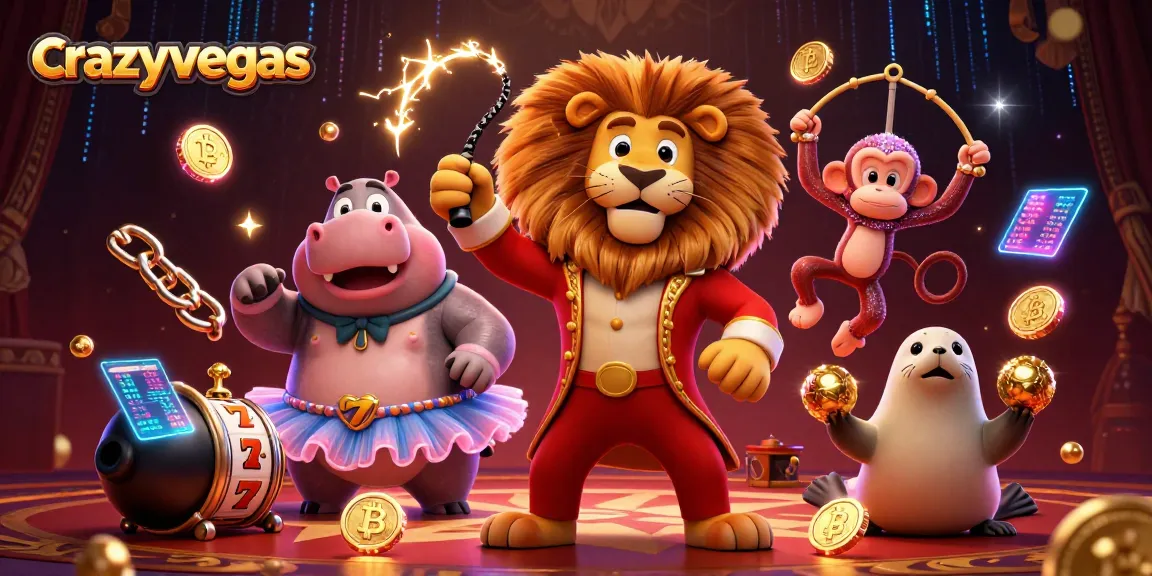 Experience thrilling gameplay with crazyvegas, featuring lively circus characters amidst glowing slot reels and cryptocurrency elements.