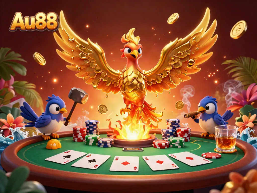 Experience the exciting Au88 online casino scene with a molten metal phoenix and poker elements.