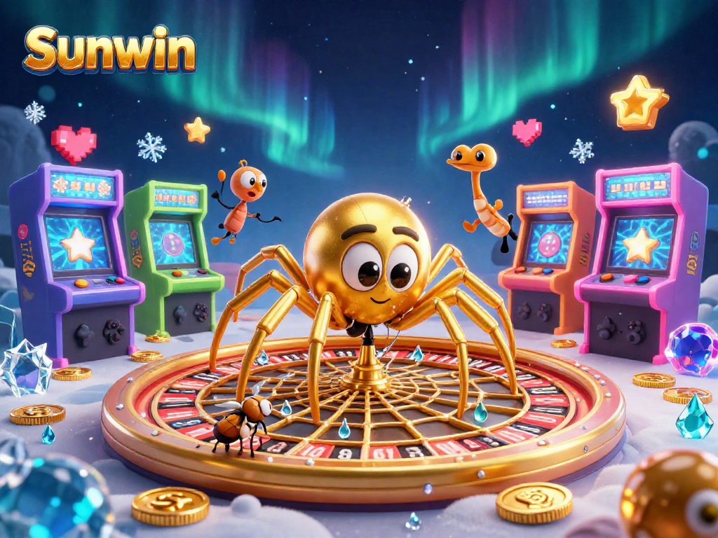 Sunwin showcases a thrilling scene with a golden spider and centipede dealer amidst casino elements.