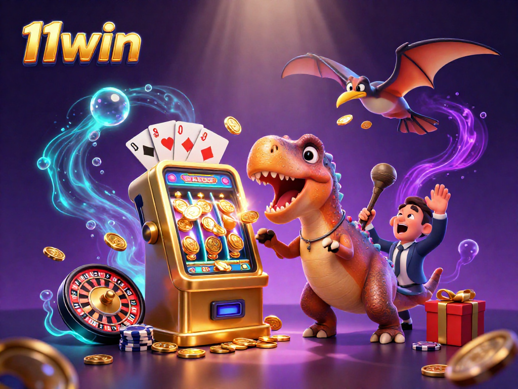 Experience the thrill of 11win as a pachycephalosaurus wins jackpots, while an ankylosaur manager panics amidst flying coins.