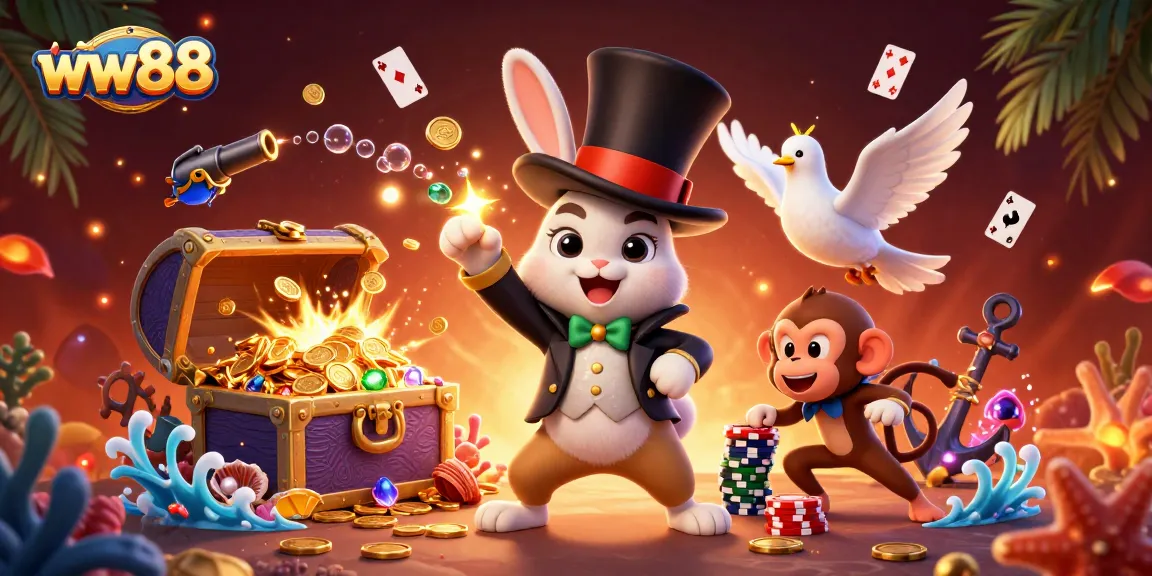 Experience thrilling magic at ww88 with a rabbit pulling coins amidst vibrant casino elements.