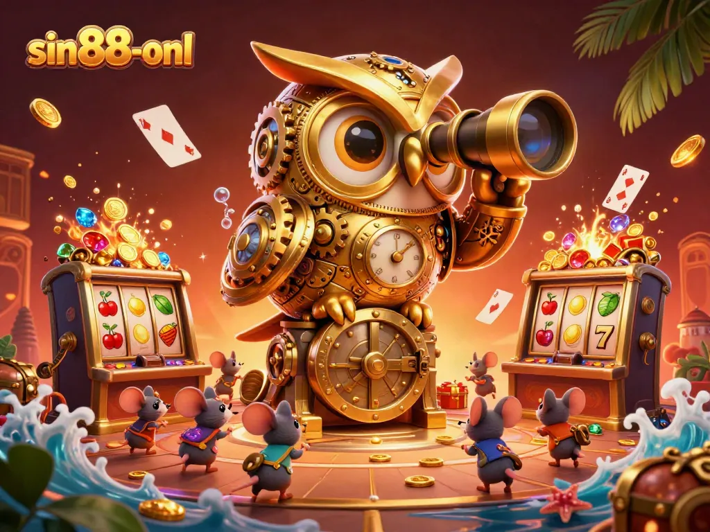 Engage in thrilling gameplay with sin88-onl's cartoon scene featuring colorful slot machines and dynamic action.