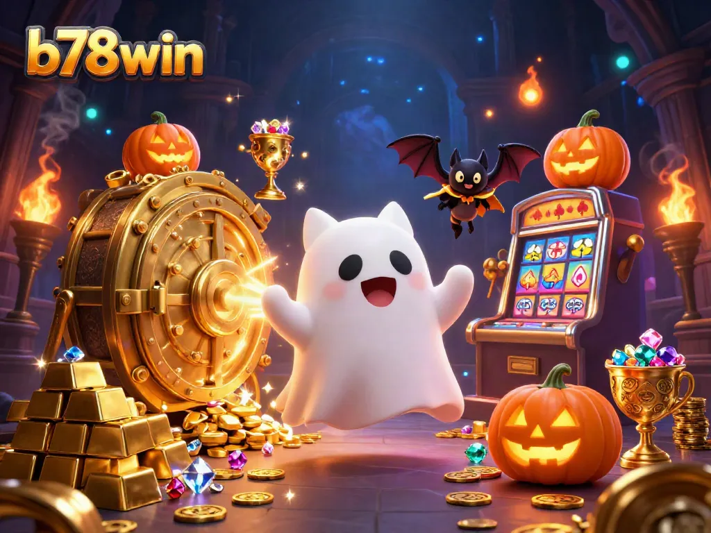 Engage with b78win's thrilling casino experience featuring a ghost cat and treasures shimmering in the dark.