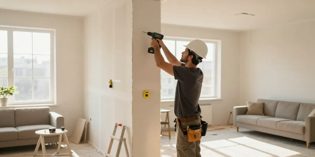 Handwerker bei der Trockenbauinstallation für ein modernes Zuhause, https://augusta-innenausbau.de/
