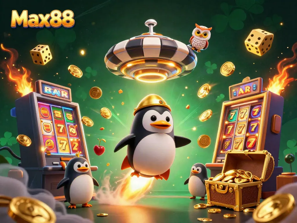 Experience Max88's thrilling gaming world through a dynamic 3D illustration with a golden penguin and casino elements.