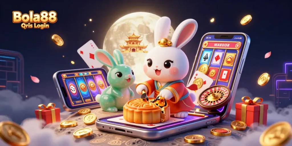 Bola88 Qris Login scene with a moon rabbit and jade rabbit amidst gambling elements like poker chips and slots.