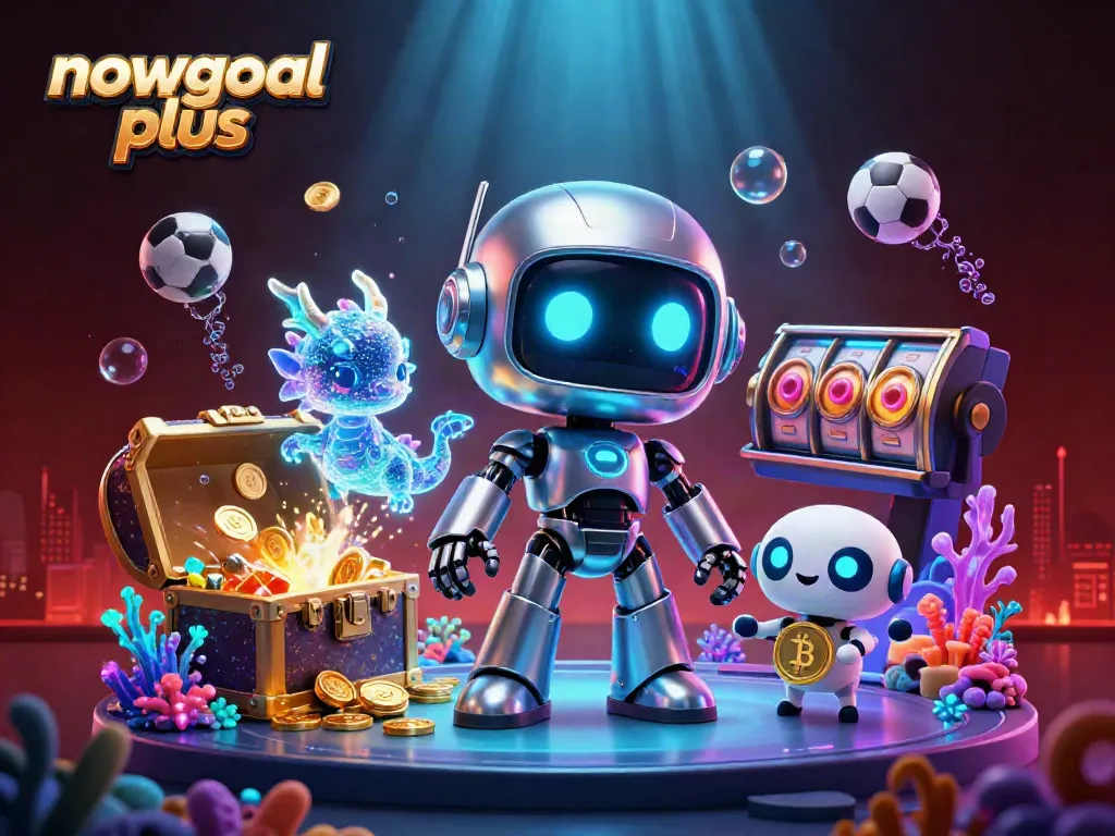 Experience the excitement of nowgoal plus with a vibrant 3D illustration featuring a cyberpunk mascot, AI dragon, and gaming elements.