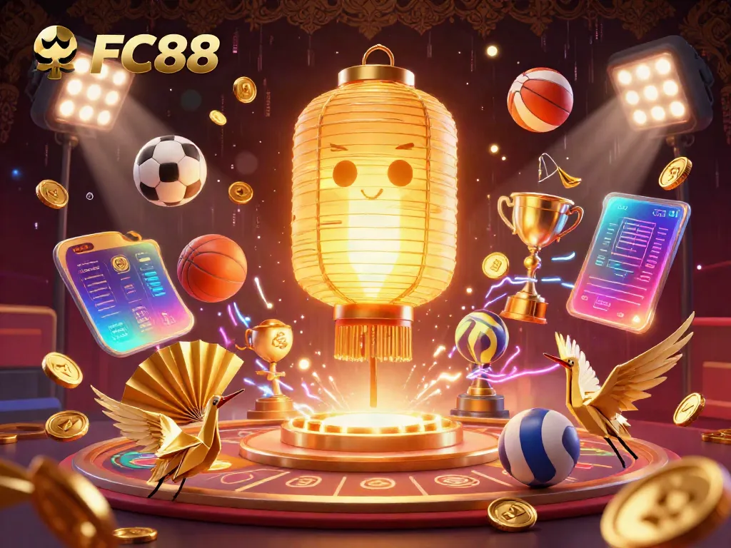 Experience the thrill of FC88 with a vibrant 3D casino scene featuring dynamic gaming elements and golden lantern spirits.