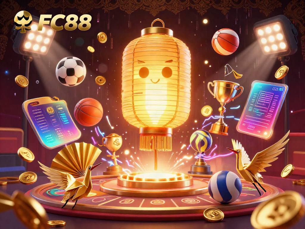 Experience the thrill of FC88 with a vibrant 3D casino scene featuring dynamic gaming elements and golden lantern spirits.
