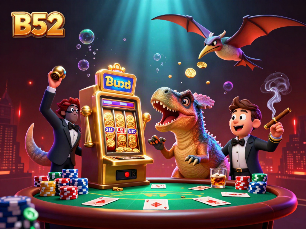 Experience the thrill of B52 as a cartoon pachycephalosaurus wins a jackpot, surrounded by vibrant casino elements.