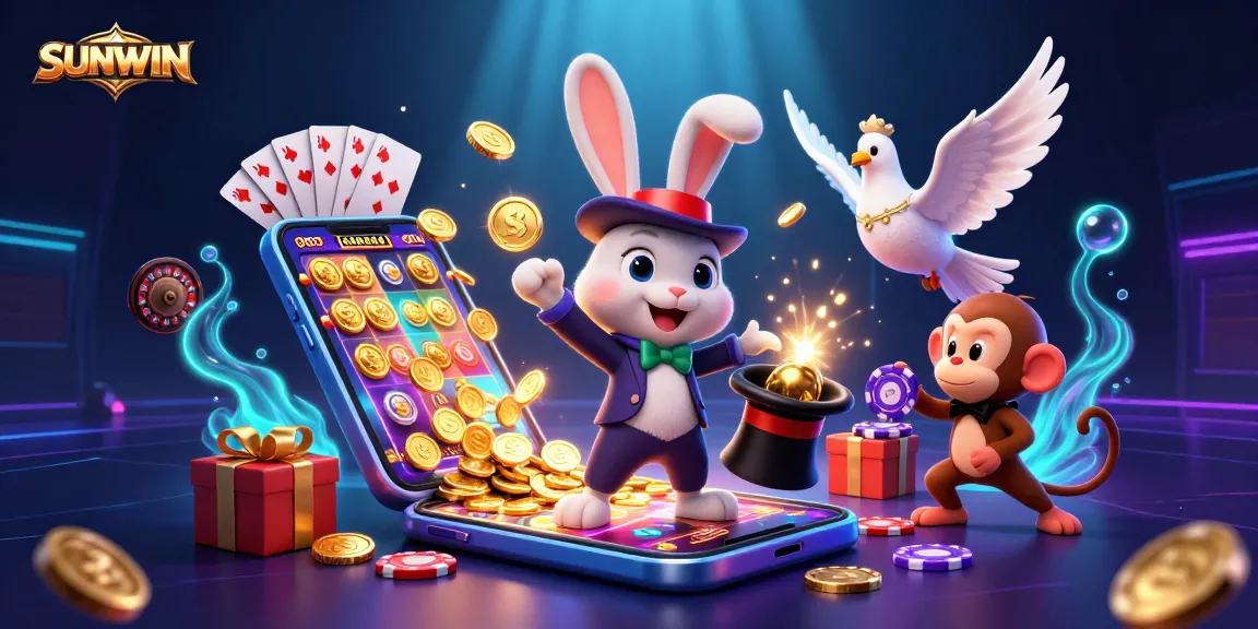 Engage with SUNWIN's vibrant casino world, featuring a magician, divine dove, and playful monkey.