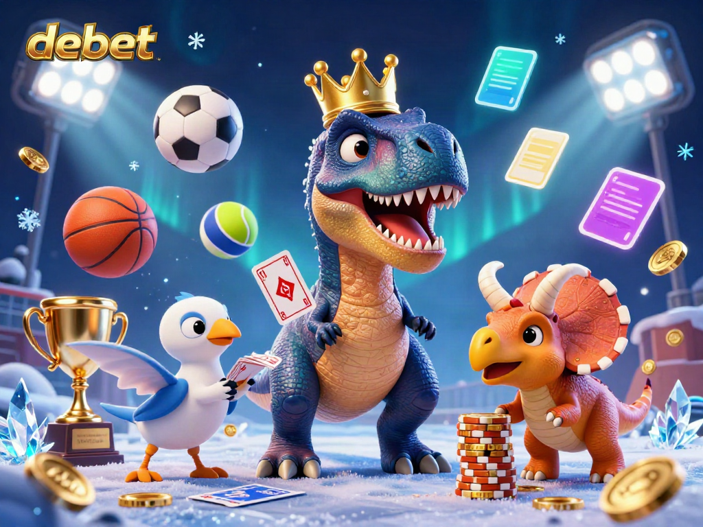Engage in thrilling gaming at Debet with cartoon characters playing cards and stacking chips in a lively casino scene.