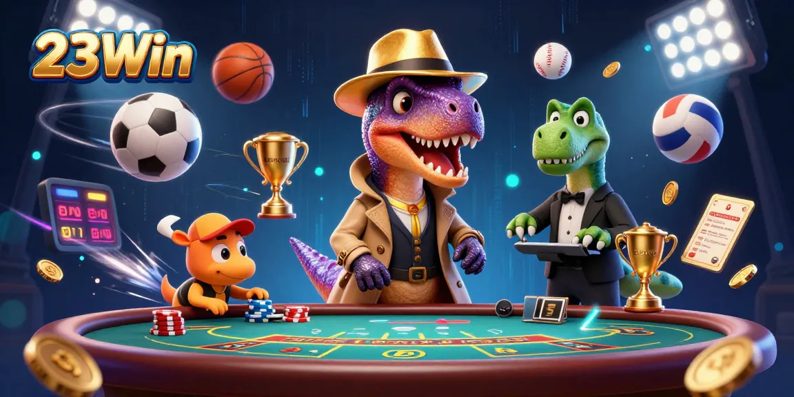 Experience the excitement of 23Win Casino with a 3D velociraptor at a blackjack table, mixing fun and thrills.