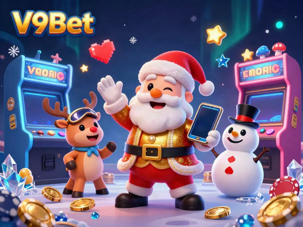 Experience thrilling slots at V9Bet with characters celebrating jackpots in a vibrant casino.