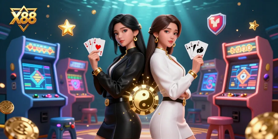 X88: Twin Asian women showcase powerful gambling theme with cards and casino chips in vibrant, immersive 3D illustration.
