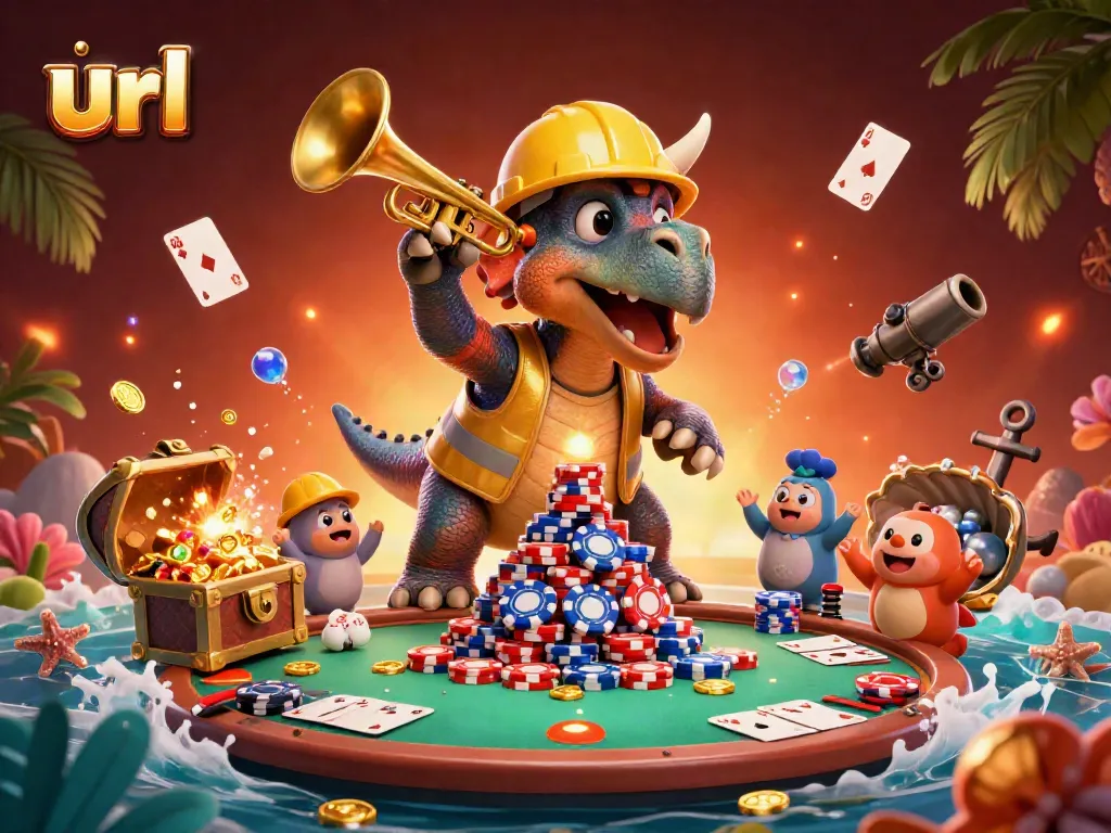 Build winning strategies with url in a vibrant casino-themed 3D illustration featuring animated characters.