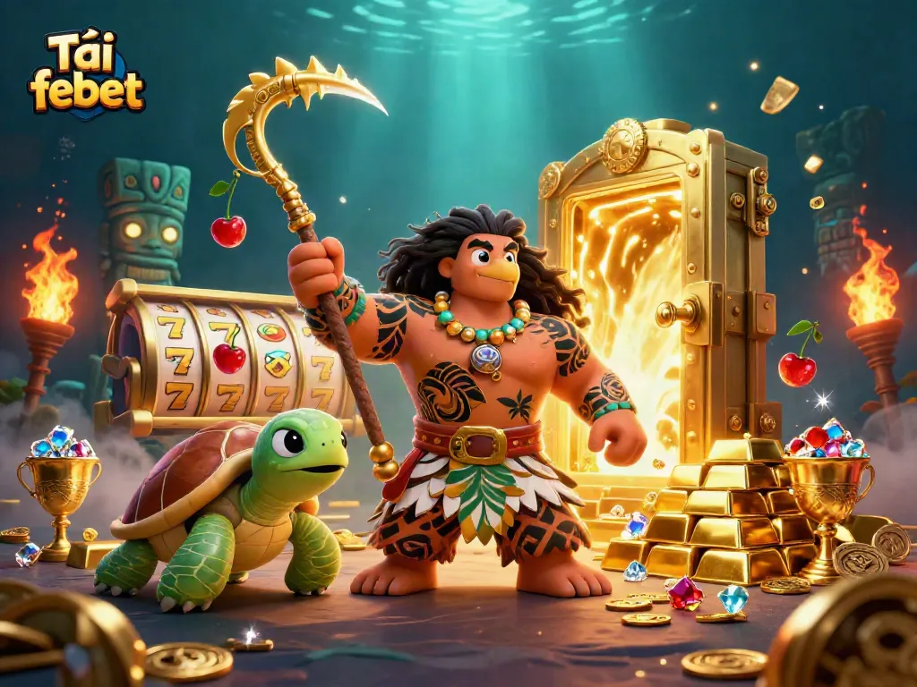 Tải febet with an illustration of a Hawaiian demigod and turtle amidst glowing treasures and slot machines.