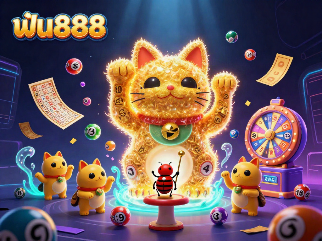 Engage in the fun of ฟัน888 with a vibrant 3D illustration showcasing a lucky cat and lively casino elements.