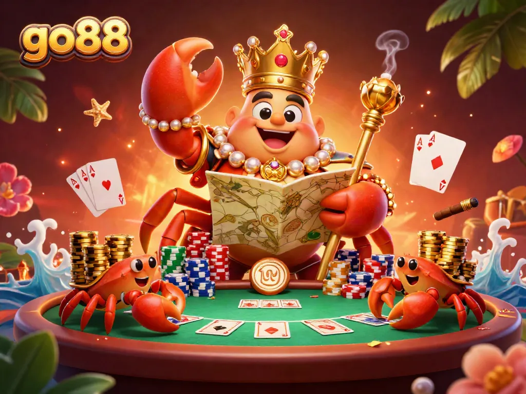 Engage with the exciting world of go88, where a golden crab emperor oversees a vibrant casino scene filled with poker chips and cards.