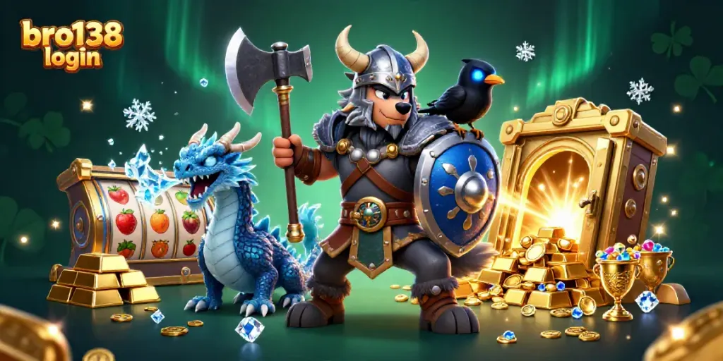Experience thrilling gameplay with bro138 login, featuring a Viking warrior and rich treasure in a colorful casino scene.