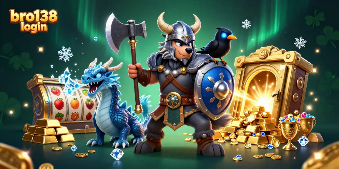 Experience thrilling gameplay with bro138 login, featuring a Viking warrior and rich treasure in a colorful casino scene.