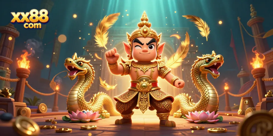 Engage in gaming excitement with xx88 com, featuring a mystical Thai temple guardian and vibrant elements.