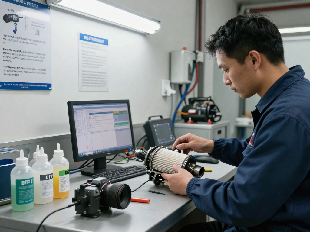 Professioneller DPF-Reinigungstechniker bei der DPF-Reinigung Laatzen in einer Werkstatt mit Werkzeugen und Diagnosegeräten.