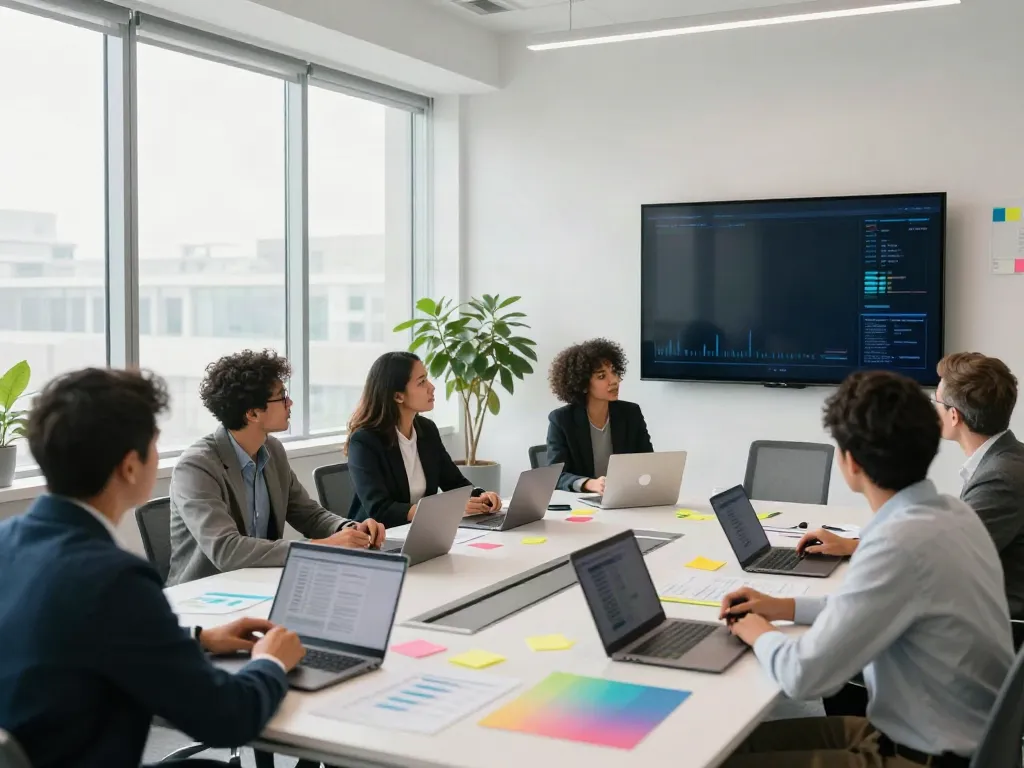 Reunião colaborativa de equipe empresarial no escritório moderno sobre bpinetempresas