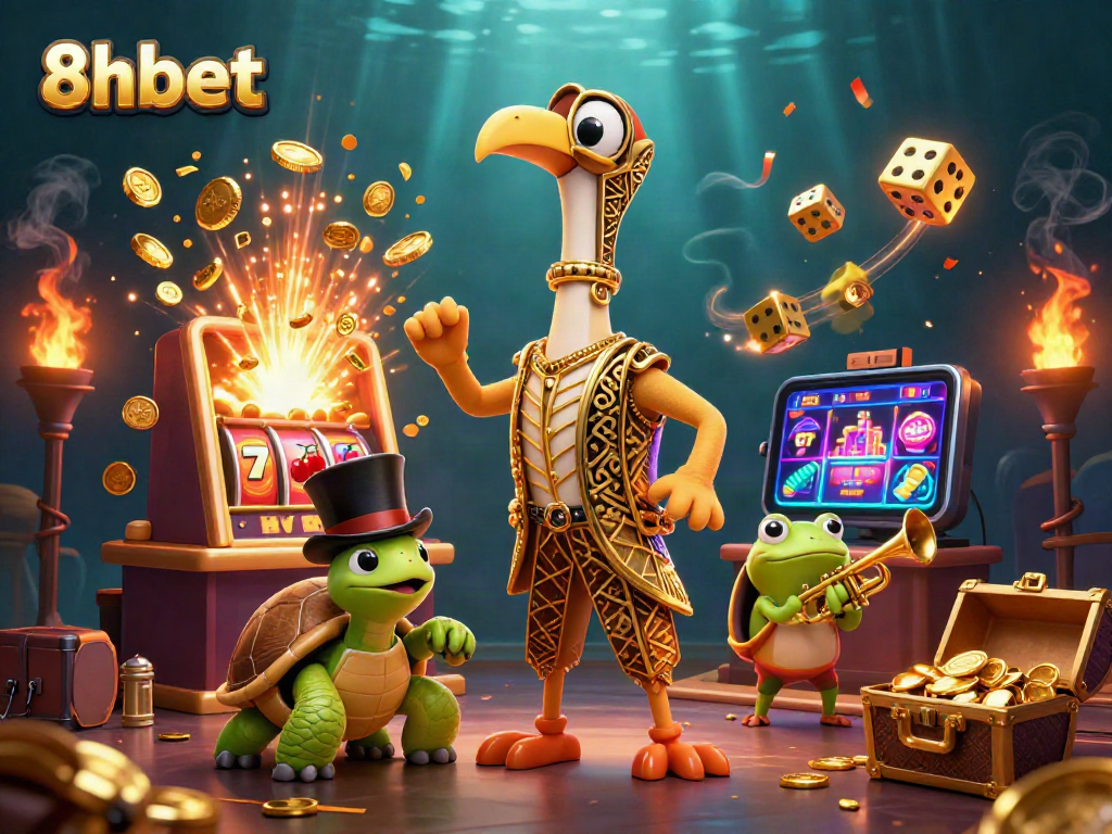 Experience the excitement of 8xbet with a vivid 3D casino scene featuring dynamic characters and thrilling game elements.