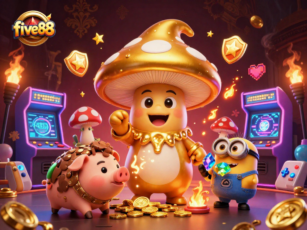 Experience thrilling gaming adventures at five88 with a golden wizard, treasure, and arcade elements