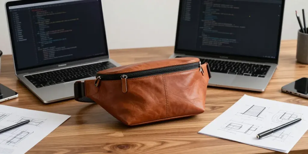 Bauchtasche Herren Leder in einem modernen Büro mit technologischen Geräten und kreativen Entwürfen.