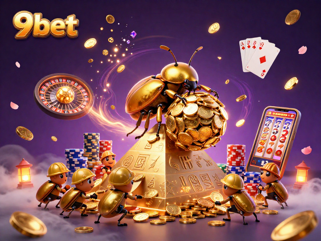 Spin to win with 9bet in a vibrant 3D casino scene filled with golden coins and more!