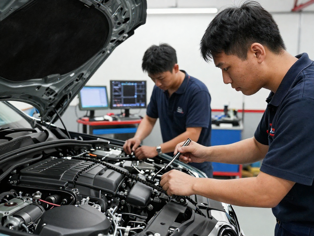 Professionelle Techniker beim BMW Steuerkette wechseln in einer modernen Werkstatt