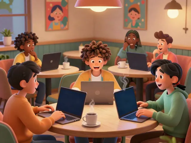 Engaging spicy chat scene with animated characters in a vibrant virtual café.