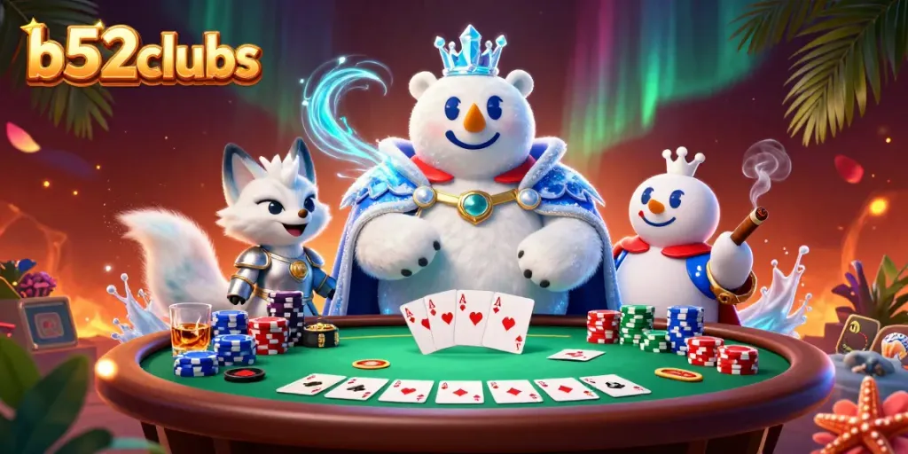 Experience thrilling poker action with b52clubs, featuring polar bear royalty and vibrant casino elements.