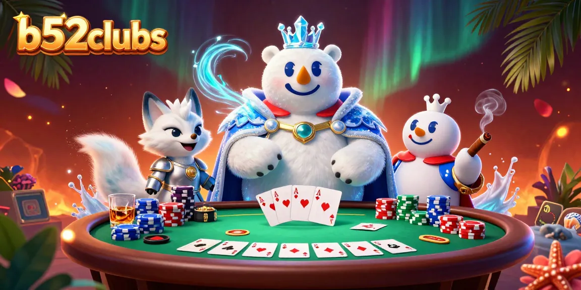 Experience thrilling poker action with b52clubs, featuring polar bear royalty and vibrant casino elements.