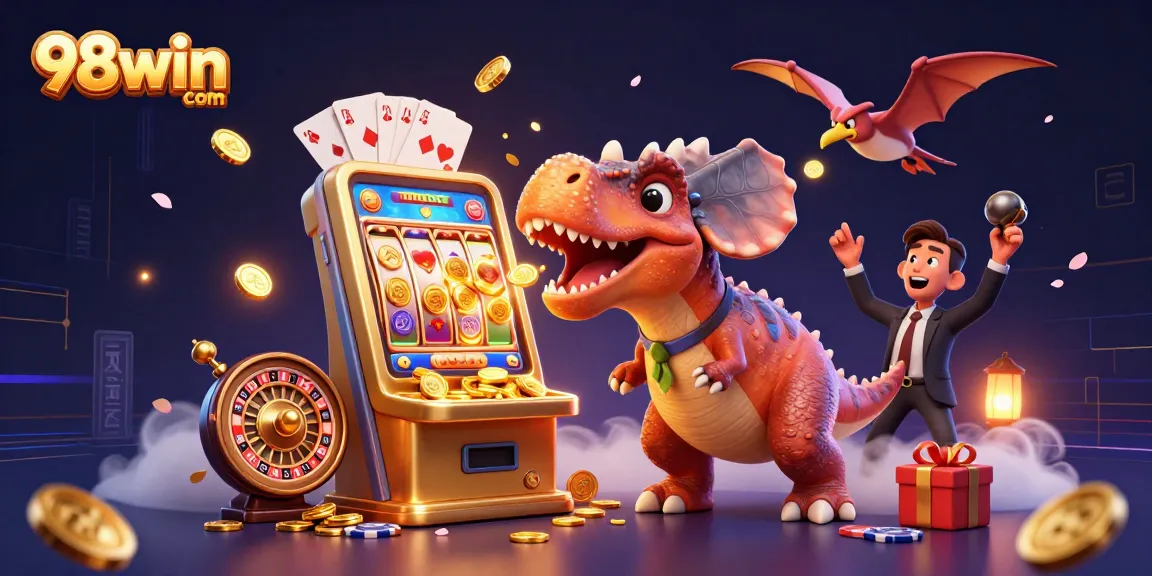Action-packed scene of 98win com with characters playing casino games and coins flying in the air.